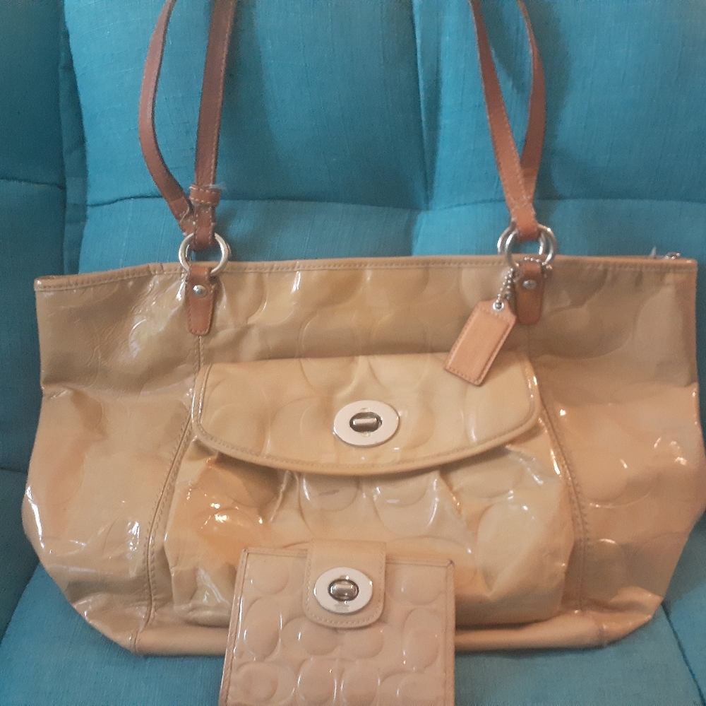 Large Tan Patent Leather Coach Tote & Wallet